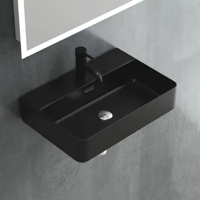 Produktbild von alpenberger Hänge- & Aufsatzwaschbecken Schwarz Eckig für Bad & Gäste WC aus Keramik Modern 60x42x13cm (BxTxH) mit Nano-Beschichtung, vorgebohrtem Armaturloch & Überlauf