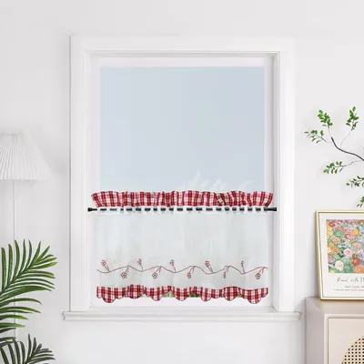 Image de Rideau de cuisine court, rideau de café transparent avec broderie rouge, 30 x 90 cm, pour intérieur, salon, chambre, fenêtre, 1 pièce