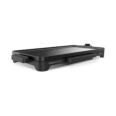 A black electric grill on a white background.