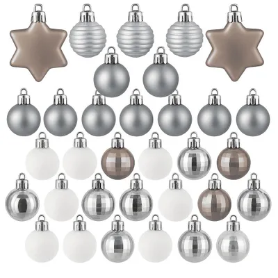 A collection of Christmas ornaments in various styles and colors.