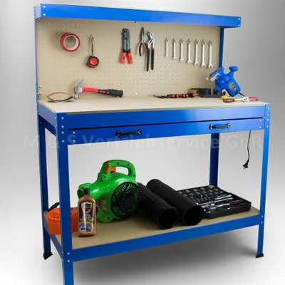 A workbench with tools and equipment.