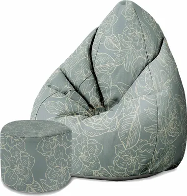 A bean bag chair and ottoman with a floral pattern on a white background.