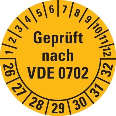 Produktbild von Dreifke® Prüfplakette  nach VDE 0702, 26-32, gelb, Dokumentenfolie, Ø3...