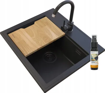 Produktbild von Granitan | Granitspüle FOXAL - Schwarz - Inklusive Küchenarmatur und Holzablage - Hochwertig und Funktional