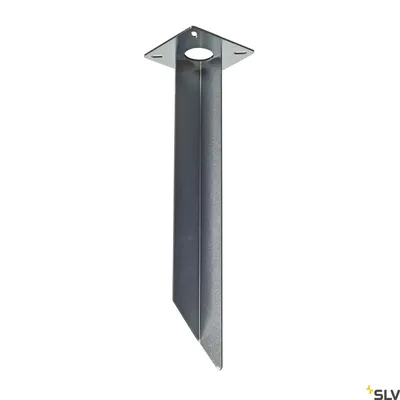 A metal ground spike for outdoor lighting.