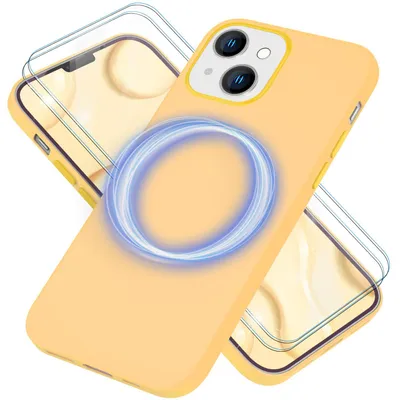 Produktbild von MagSafe Hülle mit 2x Schutz Glas für iPhone 14, Easy Clean Silikon Handy Cover Gelb