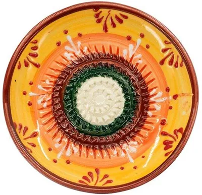 Zdjęcie produktu dla Talerz do tarcia Kaladia Keramik Biały / ciemnozielony / pomarańczowy / żółty – ręcznie malowany – średnica ok. 12 cm
