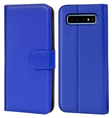 A blue flip case for a smartphone is shown from two angles.