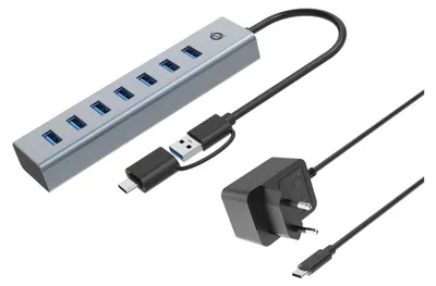 Produktbild von Conceptronic HUBBIES21G 7-Port-USB 3.0-Hub, 5Gbps, USB-A x 7, USB 3.2 Gen 1 (3.1 Gen 1) Type-A, USB 3.2 Gen 1 (3.1 Gen 1) Type-A, 5000 Mbit/s, Grau, Aluminium, 0,25 m