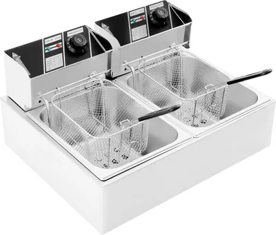 Obrázok produktu pre Elektrická fritéza s dvojitou nádržou – profesionálna komerčná – objem 2x6 l – výkon 2x2,5 kW – napätie 220–240 V – teplota 60–200 °C – nerezová oceľ 201 – nezávislé nastavenie teploty