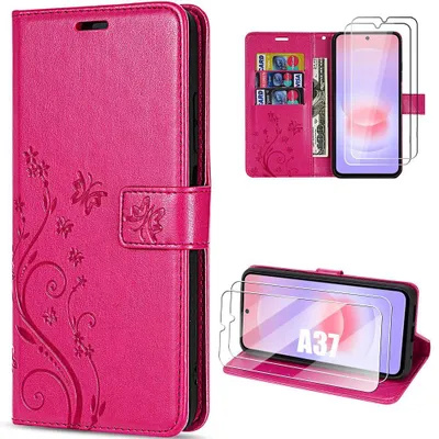 Image de Coque + 2 Verres Trempés pour Samsung Galaxy A37 5G, Protection Effet Cuir Motif Floral - Fuchsia