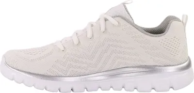 A side view of a white and silver Skechers Graceful sneaker against a white background.