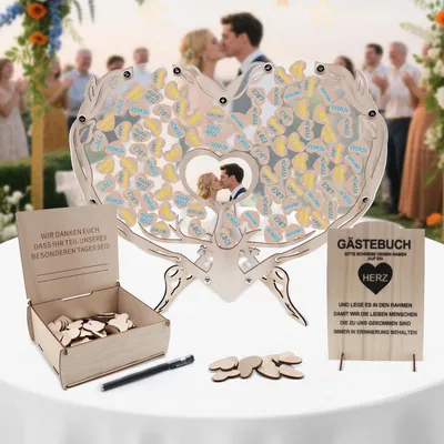 Herzförmiges Holz-Gästebuch für Hochzeit, 100 Herzen, mit Ständer