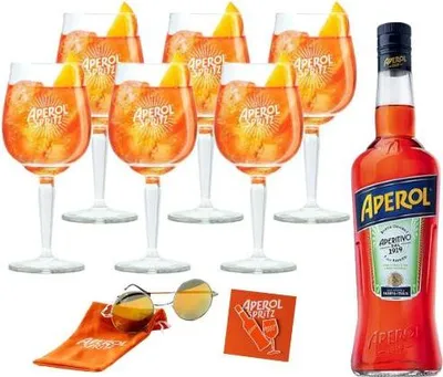 Produktbild von Aperol Set - Aperol Aperitivo 0,7L (11% Vol.) + 6 Aperol Spritz Gläser + Sonnenbrille & 2 Pins- [Enthält Sulfite]