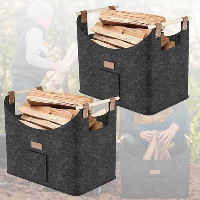 Obrázok produktu pre ROSEJANE, sada 2 kusov vlnených kôš na drevo, 50 x 32 x 40 cm, skladateľný kôš na drevo s drevenými rúčkami, nosnosť do 40 kg, kôš na drevo z vlny, tmavosivá farba