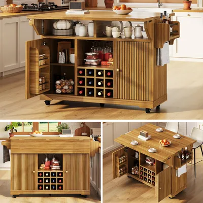 Produktbild von Kücheninsel mit Rollen, Küchenrollwagen mit Stauraum, klappbarer Arbeitsfläche, Weinflaschenhalter, MDF und Metall, dunkelbraun, 142,5 x 80 x 95 cm