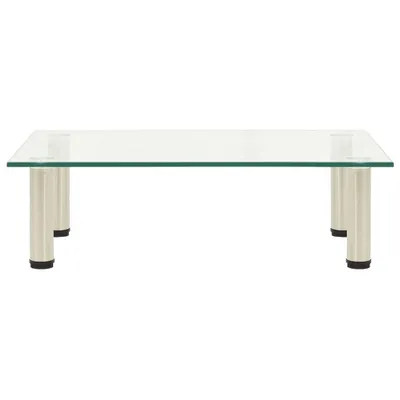A rectangular glass coffee table with four cylindrical legs.