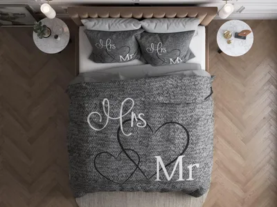 Zdjęcie produktu dla Komplet pościeli bawełna - 200 x 220 cm - 2 poszewki 60 x 70 cm - Szary - Mr and Mrs