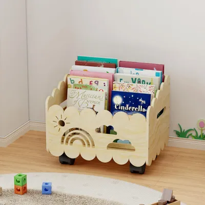 Obrázok produktu pre Drevená knižná polička pre deti s kolieskami, v štýle Montessori, vhodná do detskej izby, organizér na hračky, rozmer 44x32x37,5 cm