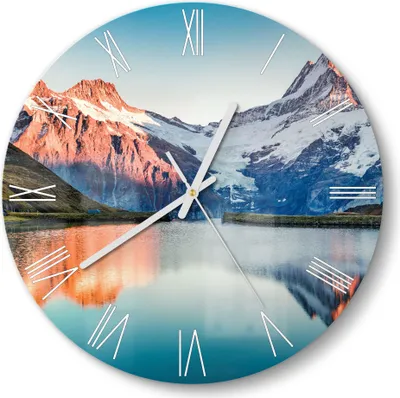 Produktbild von DEQORI Glasuhr Ø30 cm Römisch 'Bachalpsee vor Alpen' Wanduhr Glas Uhr Design leise