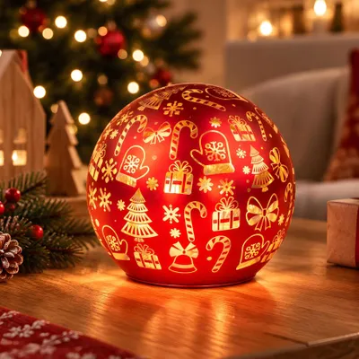 Produktbild von LED Tischleuchte Deko Kugel 12cm Rot Gold Weihnachten Weihnachtskugel Timer