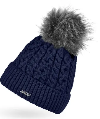 Produktbild von Damen Strick-Mütze gefüttert Fell-Bommel Kunstfell Bommelmütze Zopfstrickmuster Umschlag Neverless® navy