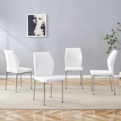 Produktbild von Weiße Esszimmerstühle 4er Set elegante Polsterstühle mit Längsstreifen-Prägung moderne Küchenstühle aus Kunstleder mit stabilen silbernen Metallbeinen