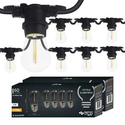 Produktbild von MasterLED Outdoor Lichterketten 10m – 2700K Warmweiß – 10 Glühbirnen E27 – Hängelampen – Außenbeleuchtung für Terrasse – Garten – Balkon – Events