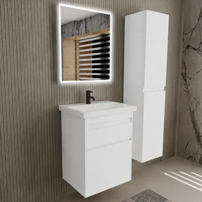Produktbild von Alpenberger Badmöbel Set mit LED Spiegel & Hochschrank - Keramik Waschbecken mit Unterschrank - Softclose - Vormontiert - 60/80/100/120 cm