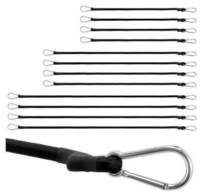 Produktbild von 12 Stück Spanngummis mit Karabiner, 60 cm, 90 cm, 120 cm, Gummispanner Set, Schwarz, Elastische Spanngurte für Auto, Fahrrad, Wäscheleine, Camping