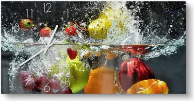 Produktbild von DEQORI Glasuhr 60x30 cm Zahlen 'Gemischtes Obst im Wasser' Wanduhr Glas Uhr Design leise