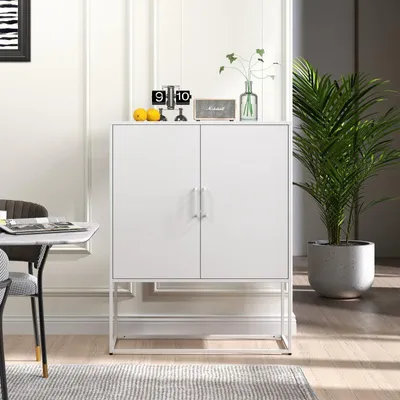 Immagine prodotto di Credenza in metallo bianca 85x40x109cm - Robusto mobile in acciaio con 2 ripiani e ante magnetiche - Moderno mobile multiuso per ufficio e cucina