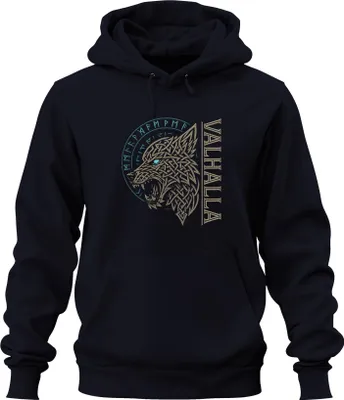 Produktbild von Valhalla Nordisch Wikingerwolf Keltische Runen Mythologie Saga Uni Hoodie Kapuzenpullover, Navy, XL