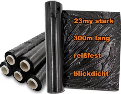 Produktbild von Stretchfolie 23 my schwarz 500mm x 300m 6 Rollen reißfeste blickdichte Umzugsfolie