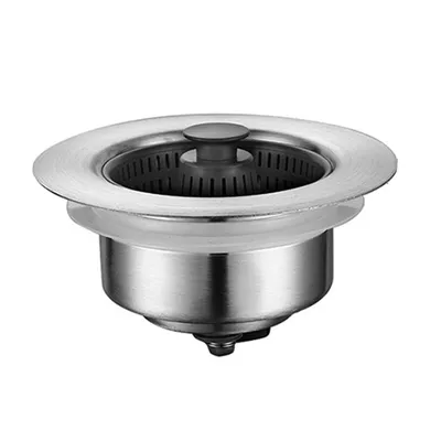 A stainless steel sink strainer with a removable basket and stopper.