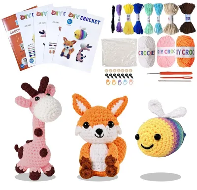 Immagine prodotto di Kit per principianti per l'uncinetto, set "fai da te" con 3 animali amigurumi, filato e accessori, con istruzioni video