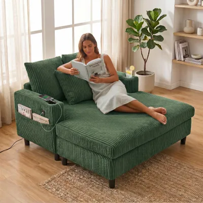 Image de LVHOM Canapé-lit avec LED & USB, fauteuil palmier en velours côtelé, canapé lounge avec poches latérales & porte-boisson, capacité de charge 350kg, 128x85x142 cm, vert