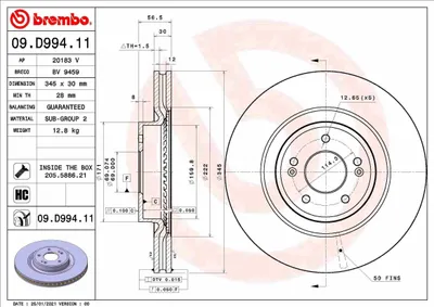 Produktbild von 2x BREMBO Bremsscheibe 09.D994.11 für KIA Stinger Schrägheck (CK) 56 5mm 345mm