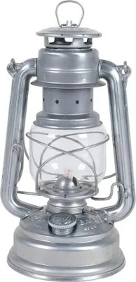 A silver storm lantern is shown against a white background.