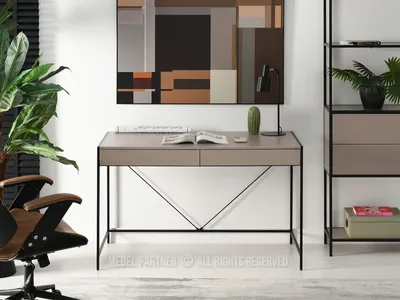 A modern office or study space with a desk, chair, and shelving unit.