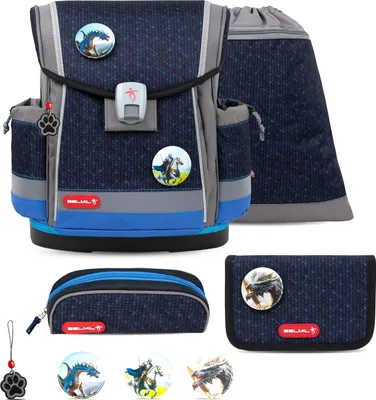 Zdjęcie produktu dla Belmil Classy Plus ergonomiczna saszetka 5-częściowa "World of Dragons" z paskiem na klatkę piersiową, zapięciem magnetycznym, zestawem naszywek 3 szt