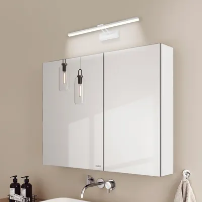 Produktbild von EMKE Spiegelschrank und Spiegellampen,85x65x14.5cm 2 Glasböden Weiß Badspiegelschrank und Weiß Wandleuchten Kaltweiß Licht 6500k