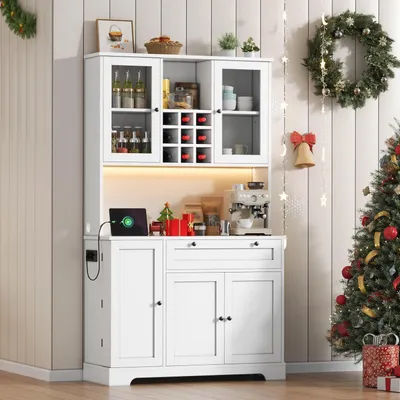 Image de Armoire de cuisine haute, 180 cm, blanche, avec éclairage LED et prise électrique, meuble buffet avec étagère à vin et porte en verre