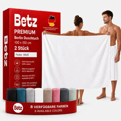 Produktbild von Betz Maxi Duschtuch Berlin 2 Stück – großes Frottee Duschtuch 100x150 cm aus 100% Baumwolle – saugstark & weich – hochwertiges Handtuch - Farbe weiß