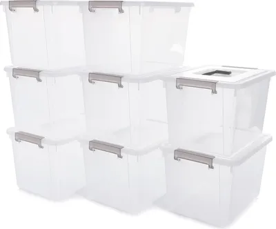 Produktbild von Aufbewahrungsboxen mit Deckel und Verschlussclips - Set von 8 - Stapelbar - Transparent - 21,4 x 14,5 x 15,5 cm