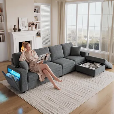 Produktbild von Merax Modulares Ecksofa L-förmiges 4-Sitzer, Couch mit Stauraum-Hocker, LED-Beleuchtung, USB & Type-C Anschlüssen, Samt Sofa für Wohnzimmer, Grau