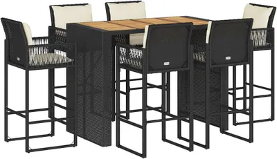 Image de vidaXL Ensemble bar de jardin 7 pièces avec coussins Noir Poly rotin Acacia