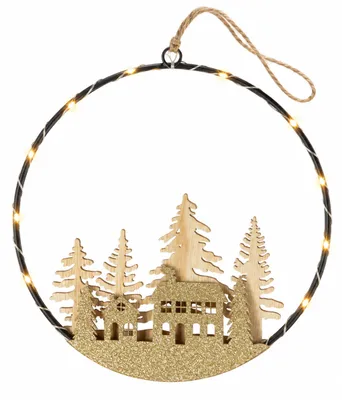 Productafbeelding van Benza – LED Kerstdecoratie Hangend – Kersthanger met Houten Winterdorp – Raamdecoratie met 10 Lampjes – Ø 20 cm