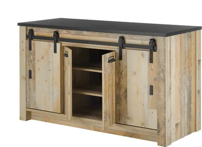 A rustic-style cabinet with sliding barn doors and an anthracite top.