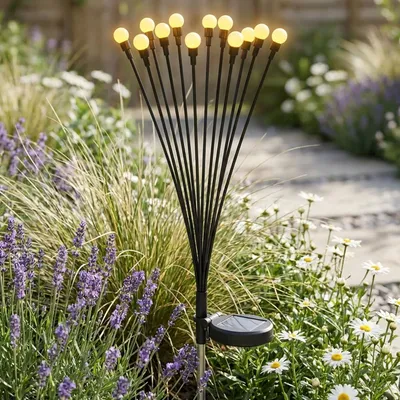 Produktbild von Solar Glühwürmchenlicht für Garten: 12 bewegliche Leuchtkugeln mit 2 Modi, Erdspiess für stimmungsvolle Gartenbeleuchtung, 65 cm Höhe, wetterfest